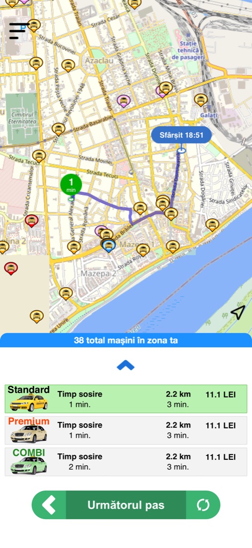 Sama Client: alegerea mașinii Standard, Premium sau Combi, cu timpul de sosire și prețul cursei